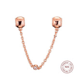 925 Silver Beads Rose & Clear CZ Hearts Safety Chain Charms