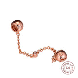 925 Silver Beads Rose & Clear CZ Hearts Safety Chain Charms