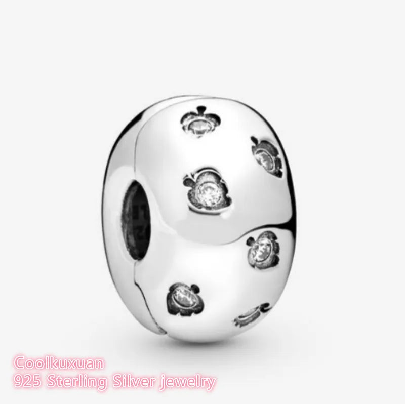 925 Silver Beads CZ Petals Row Hearts Clip Charm