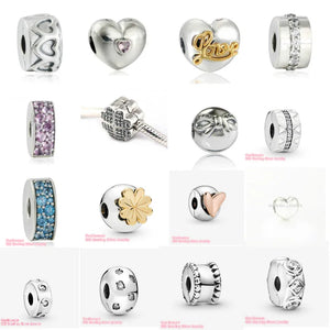 925 Silver Beads CZ Petals Row Hearts Clip Charm