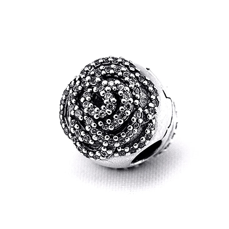 925 Silver Shimmering Rose Clip Charm for Bracelet DIY