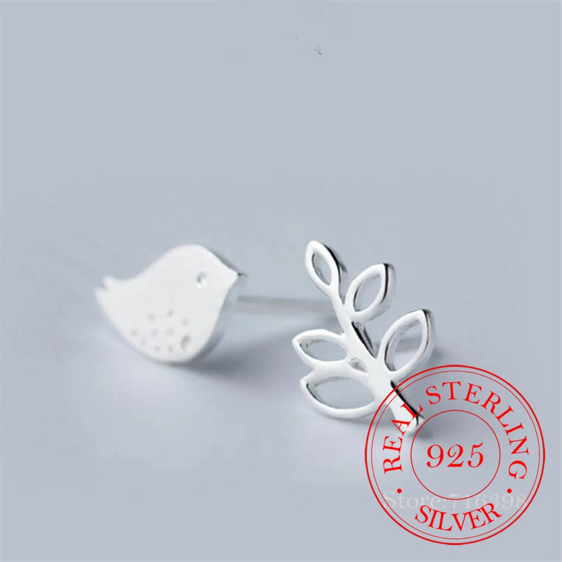 925 Silver Bird Leaf Stud Earrings Women Jewelry pendientes