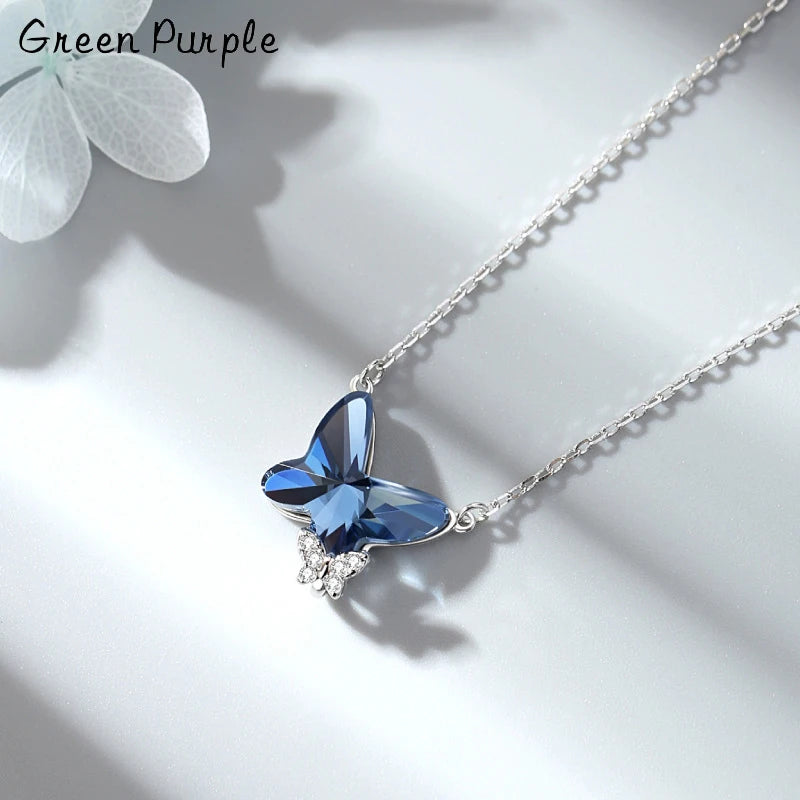 925 Silver Butterfly Crystal Pendant Necklace Charms Cubic Zircon Necklaces