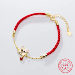 925 Sterling Silver Envelope Mouse Red String Bracelet