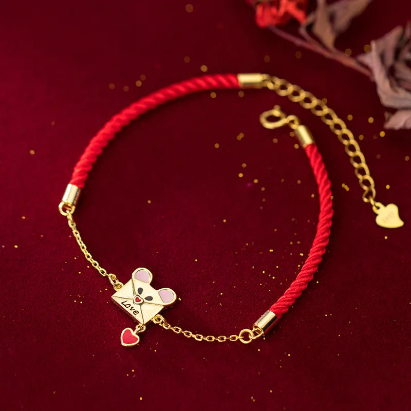 925 Sterling Silver Envelope Mouse Red String Bracelet