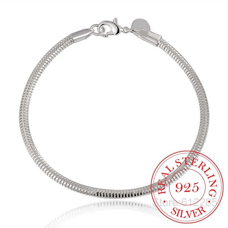 925 Sterling Silver Bracelet Snake Bone Bangle S925 Stamp 3mm