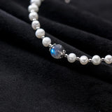 925 Silver Bracelet Moonstone Pearl Chain Natural Beads Fine Jewelry