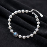 925 Silver Bracelet Moonstone Pearl Chain Natural Beads Fine Jewelry