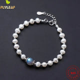 925 Silver Bracelet Moonstone Pearl Chain Natural Beads Fine Jewelry