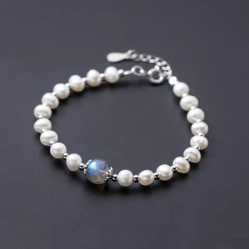 925 Silver Bracelet Moonstone Pearl Chain Natural Beads Fine Jewelry