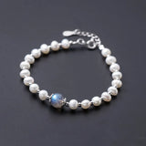 925 Silver Bracelet Moonstone Pearl Chain Natural Beads Fine Jewelry
