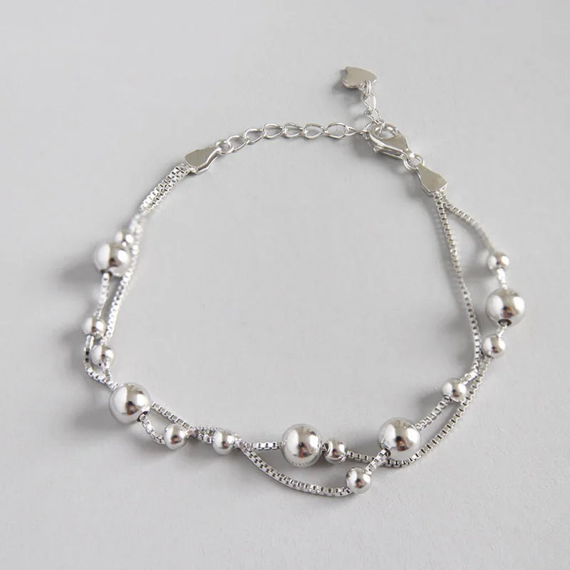 925 Sterling Silver Double Layer Beads Bracelet Women's Jewelry