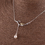 925 Silver Branch Bird Pendant Necklace Freshwater Pearl Tassel Choker
