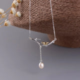 925 Silver Branch Bird Pendant Necklace Freshwater Pearl Tassel Choker