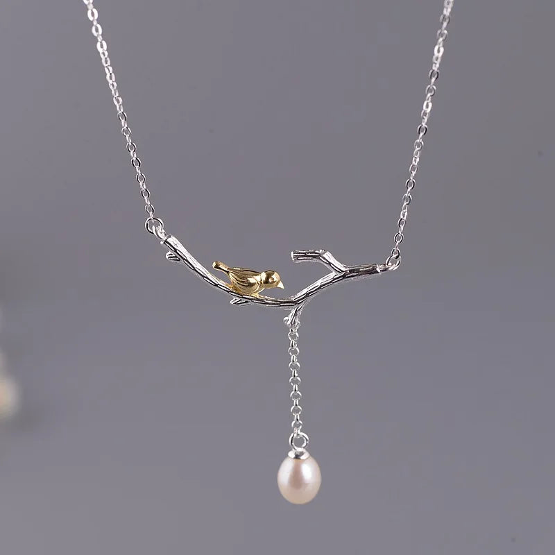 925 Silver Branch Bird Pendant Necklace Freshwater Pearl Tassel Choker