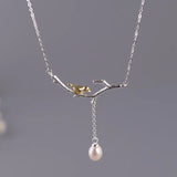 925 Silver Branch Bird Pendant Necklace Freshwater Pearl Tassel Choker