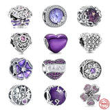 925 Sterling Silver Dream Purple Beads Love Heart Flowers Pendant