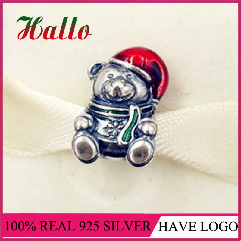 925 Silver Christmas Bear Red Green Enamel Charm Bead Bracelet DIY Berloque