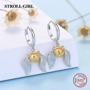 925 Silver Golden Drop Wings Earrings for Women