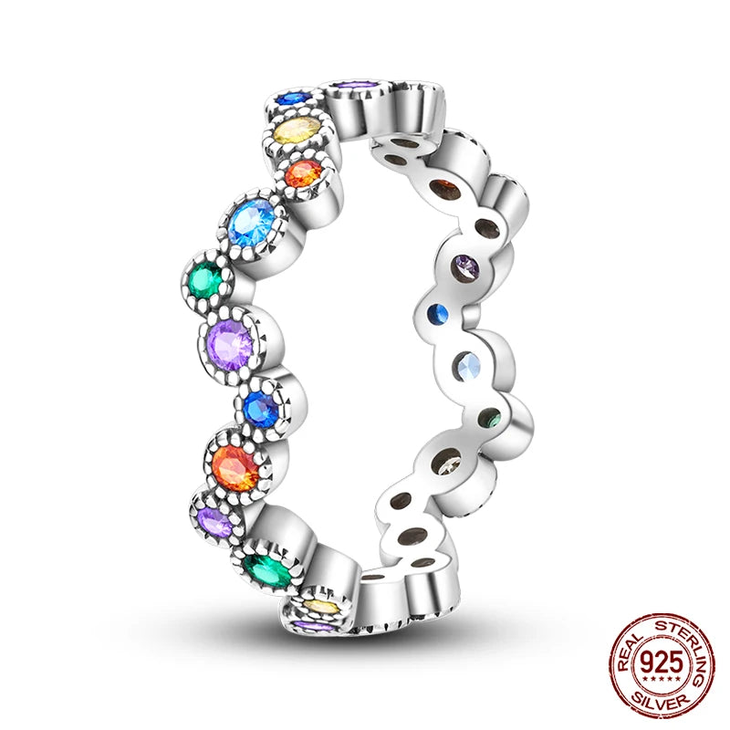 925 Silver Heart Rings Colorful Zircon Eyes Rainbow Women Wedding Jewelry