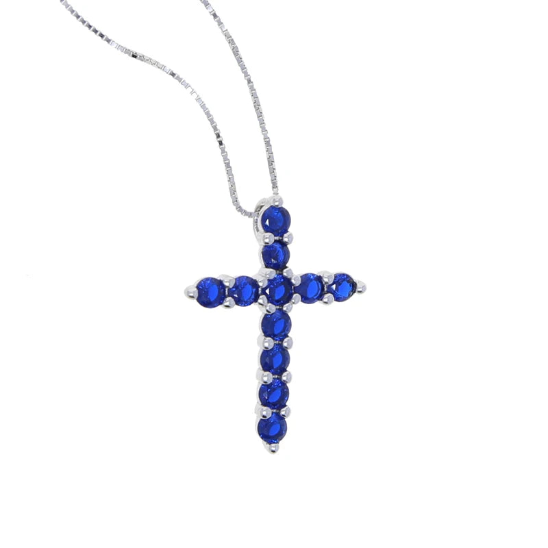 925 Silver CZ Purple Cross Pendant Necklace Women Jewelry