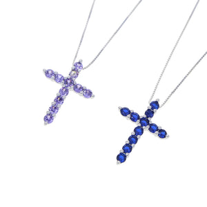 925 Silver CZ Purple Cross Pendant Necklace Women Jewelry