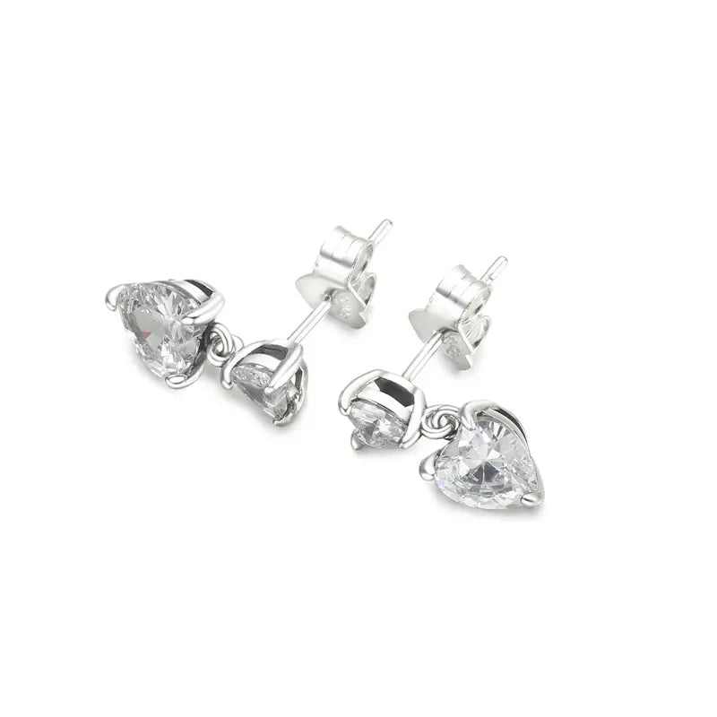 925 Silver Clear CZ Double Heart Stud Earrings for Women