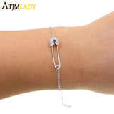 925 Silver CZ Paved Safety Pin Charm Bracelet Women Girls