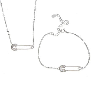 925 Silver CZ Paved Safety Pin Charm Bracelet Women Girls