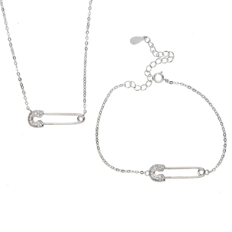 925 Silver CZ Paved Safety Pin Charm Bracelet Women Girls