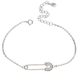 925 Silver CZ Paved Safety Pin Charm Bracelet Women Girls