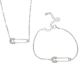 925 Silver CZ Paved Safety Pin Charm Bracelet Women Girls