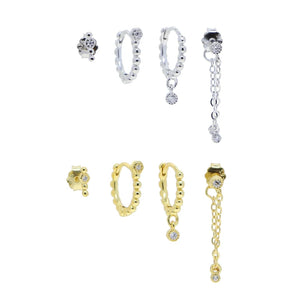 925 Silver Clear Cz Cartilage Hoop Earrings 4pcs/Set