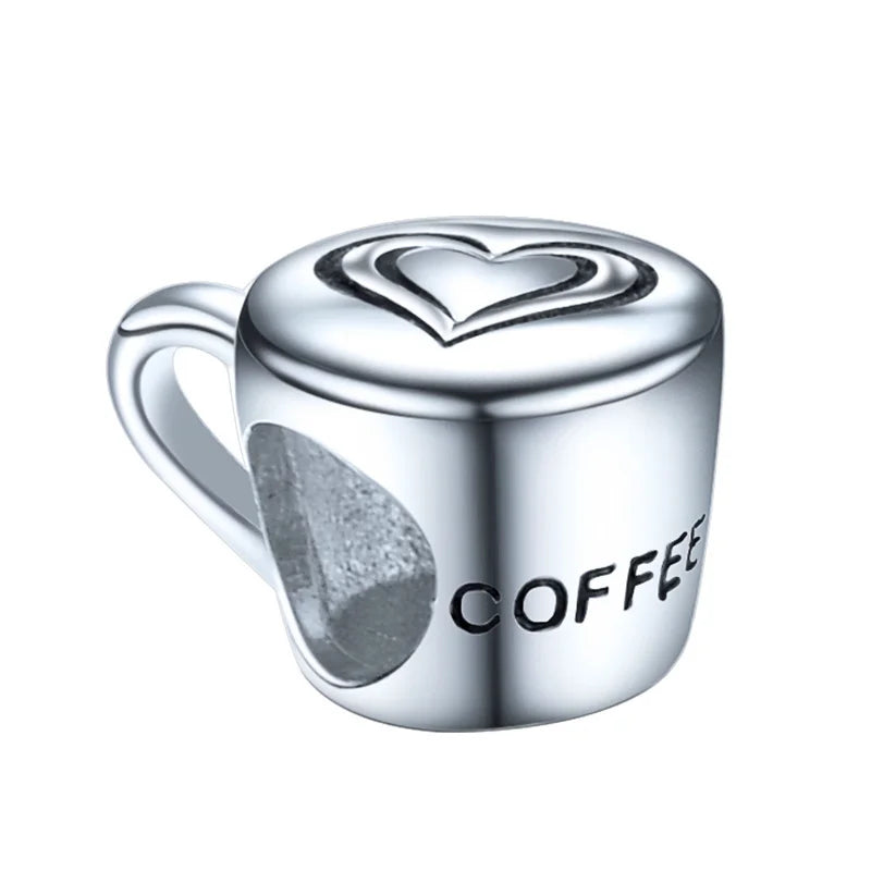 925 Silver Coffee Cup Heart Charms Beads for Bracelet