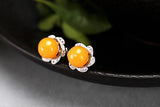 925 Silver Earring Stud with Amber Beads 6mm 7mm 8mm Round