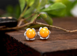 925 Silver Earring Stud with Amber Beads 6mm 7mm 8mm Round
