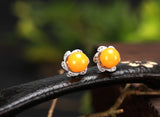 925 Silver Earring Stud with Amber Beads 6mm 7mm 8mm Round