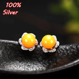 925 Silver Earring Stud with Amber Beads 6mm 7mm 8mm Round