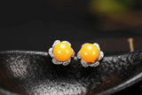 925 Silver Earring Stud with Amber Beads 6mm 7mm 8mm Round