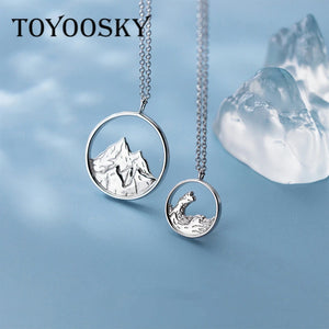 925 Silver Couple Necklace Round Hollow Pendant Sea Mountain Jewelry