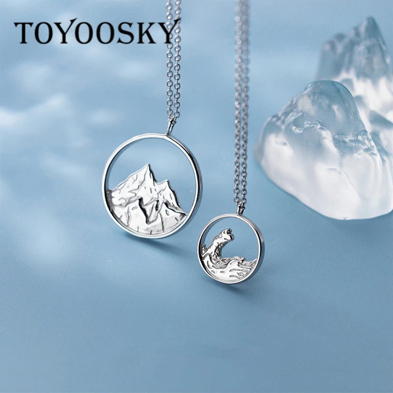 925 Silver Couple Necklace Round Hollow Pendant Sea Mountain Jewelry