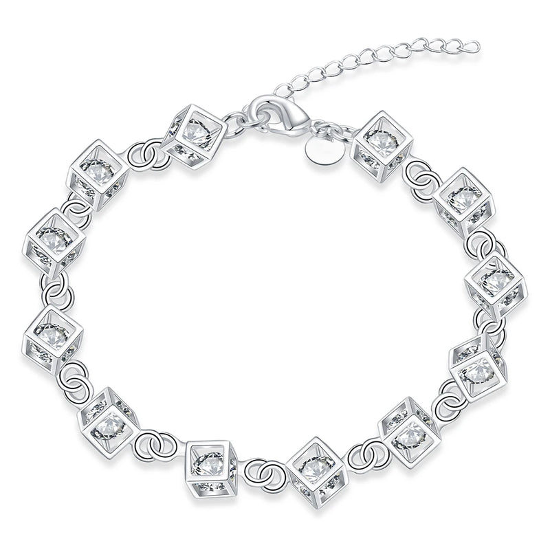 925 Silver Created Moissanite Gemstone Cube Bracelet Bangle