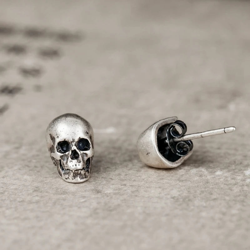 925 Silver Retro Skull Stud Earring Punk Style Ear Pin