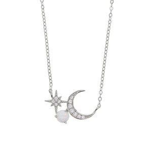925 Silver Crescent Pearl Moon Star Necklace for Women