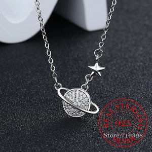 925 Silver Crystal Planet Star Pendant Necklace for Women