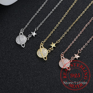 925 Silver Crystal Planet Star Pendant Necklace for Women