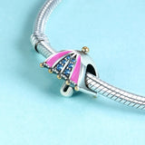 925 Silver Pink Cz Bumbershoot Charm Umbrella Bead for Bracelet