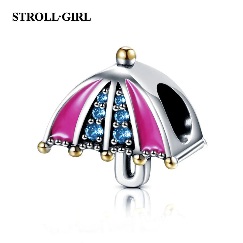 925 Silver Pink Cz Bumbershoot Charm Umbrella Bead for Bracelet