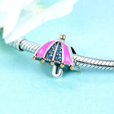 925 Silver Pink Cz Bumbershoot Charm Umbrella Bead for Bracelet