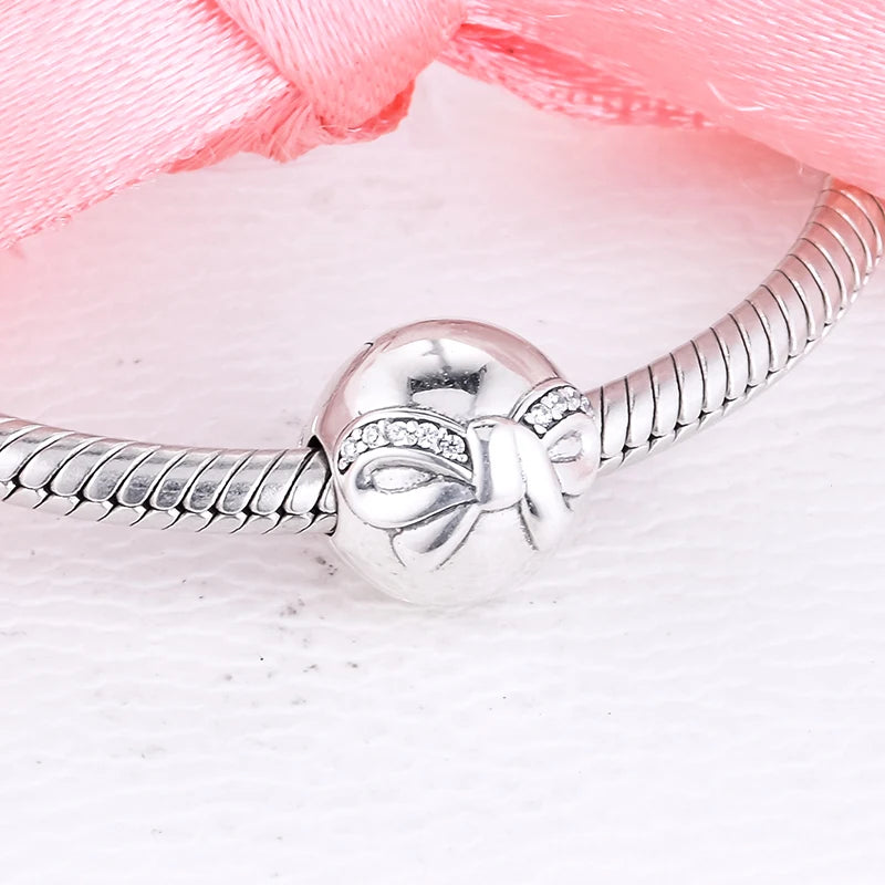 925 Silver Dainty Bow Clip Charm Bracelet Bead Jewelry Women